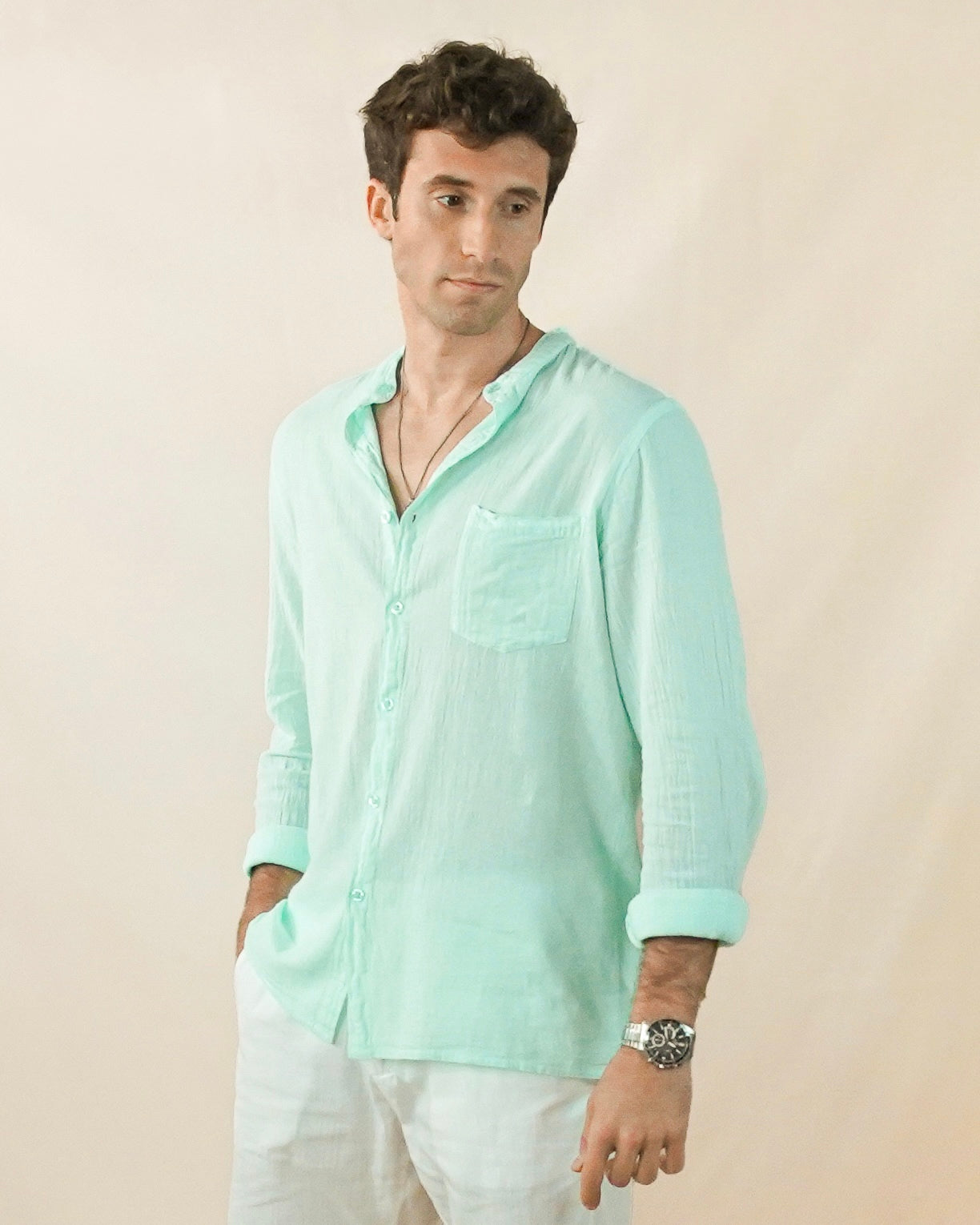 Camisa Cuello Mao Verde Agua