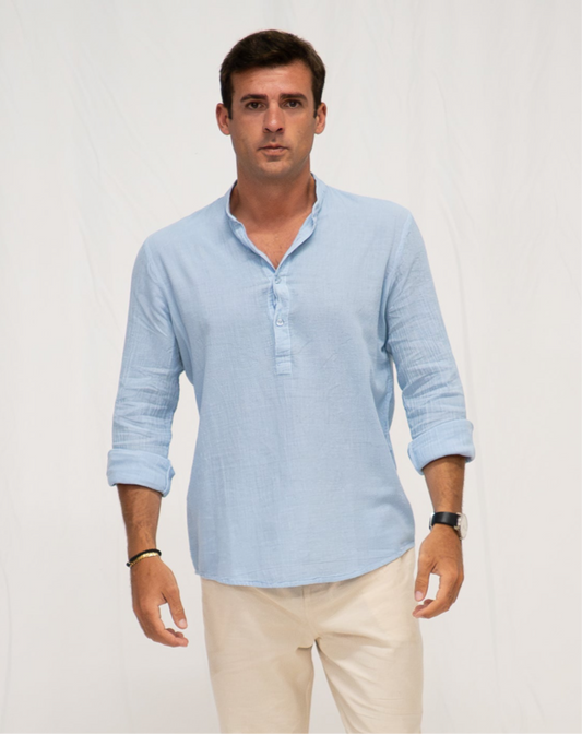 Camisa Panadera Cuello Mao Sky Blue