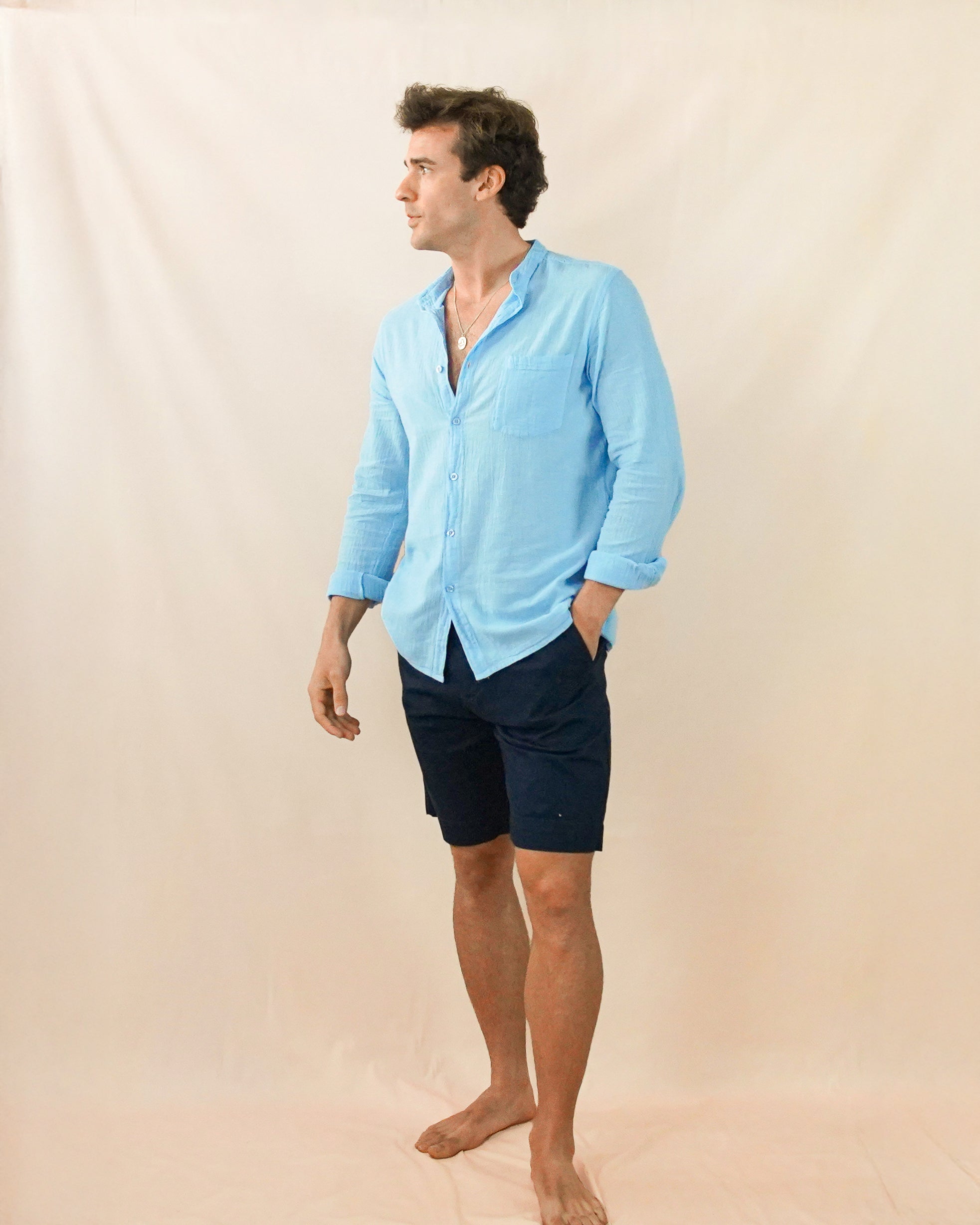 Camisa Cuello Mao Azul Periwinkle